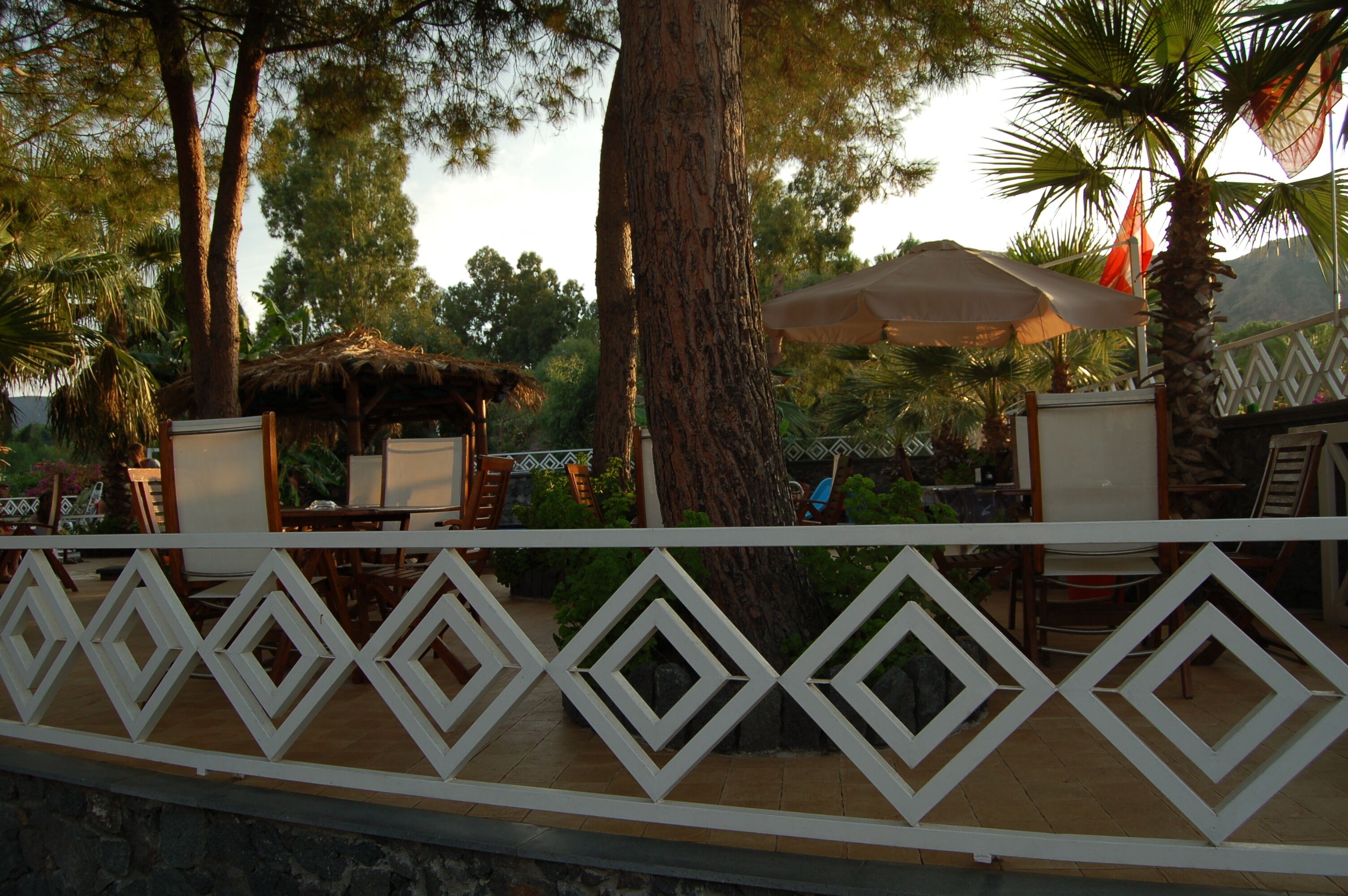 An outdoor seating area with tables and chairs, surrounded by trees and a decorative fence.