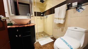 Un baño moderno con cabina de ducha de vidrio, un lavamanos blanco con encimera de madera, un mueble negro y un inodoro blanco con etiqueta azul.