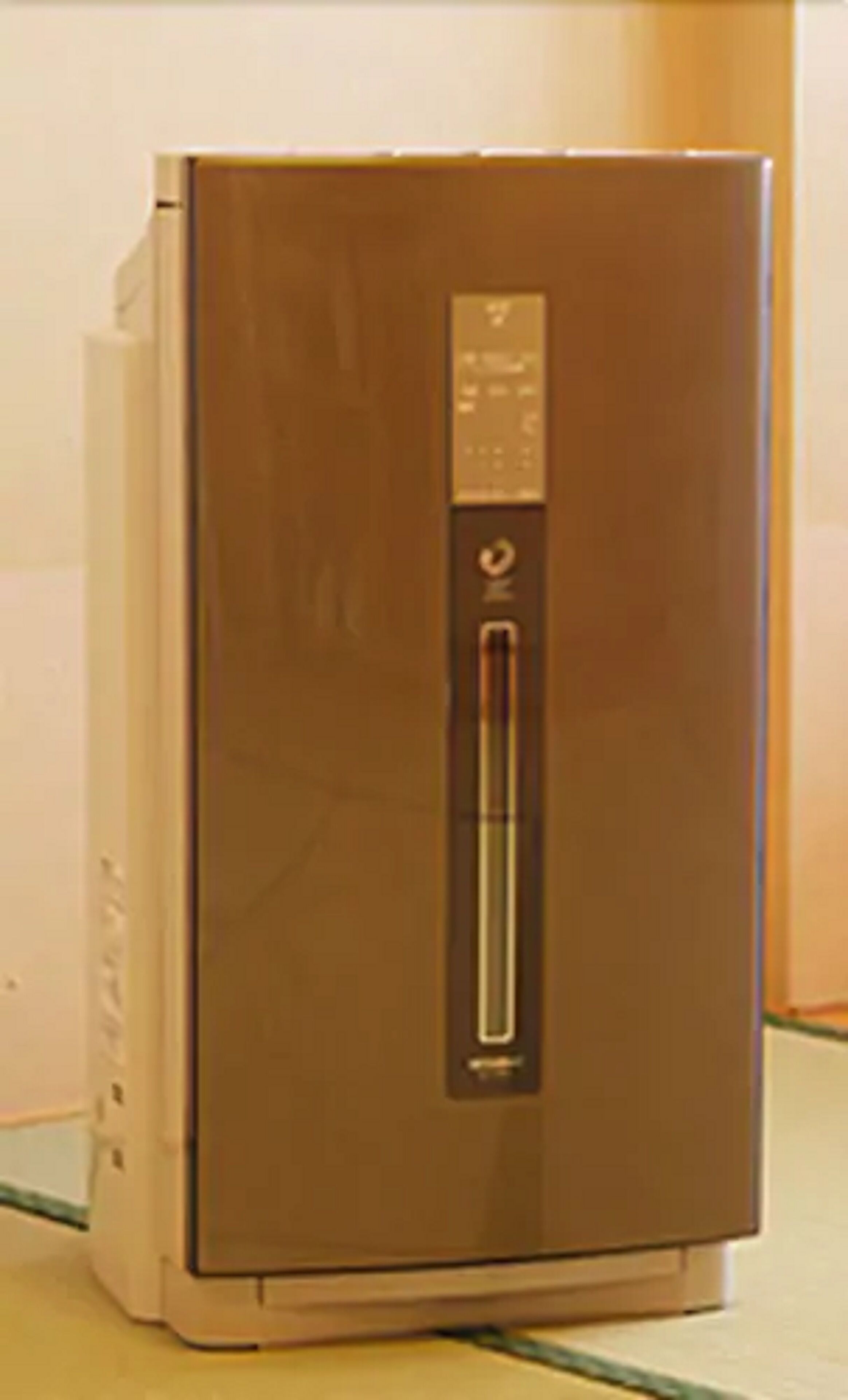 Frigorifero in acciaio inossidabile con display digitale e dispenser per acqua.