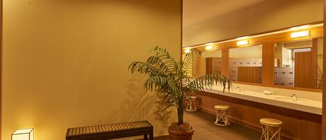 Un baño de hotel con un banco, una planta en maceta, un lavamanos y un espejo.