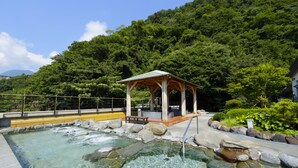 Piscina cristalina con rocas, un pabellón de madera y montañas al fondo.