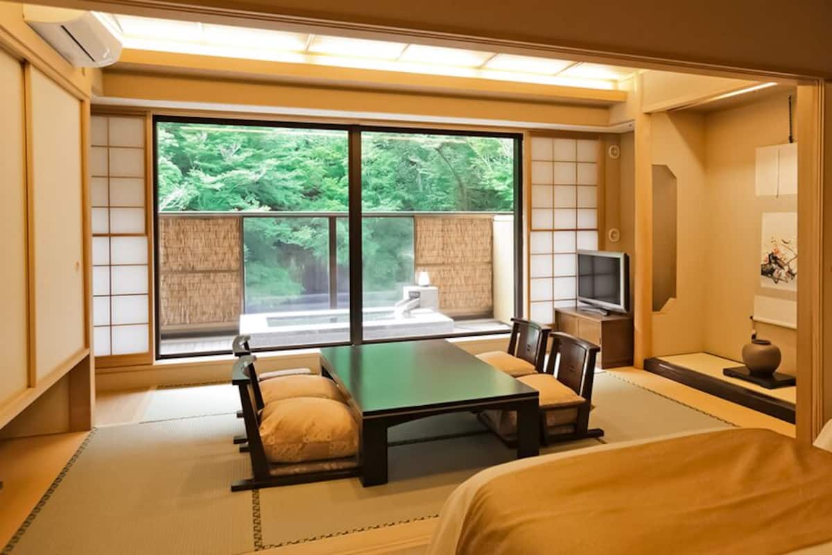 Una habitación de estilo japonés tradicional con suelo de tatami, una mesa baja con cojines, un televisor y una puerta corredera que da a un balcón.