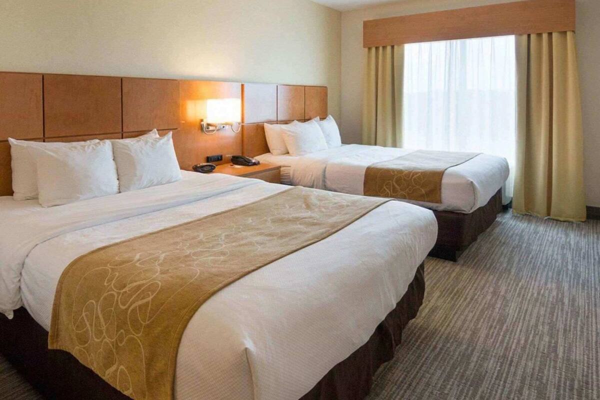 A hotel room with two beds, a nightstand, a lamp, and a window with curtains.