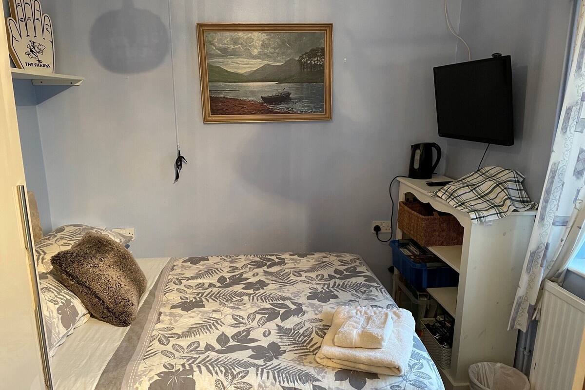 A bedroom with a bed, a painting, a television, and a window with curtains.