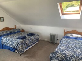 A bedroom with two beds, a radiator, and a skylight.