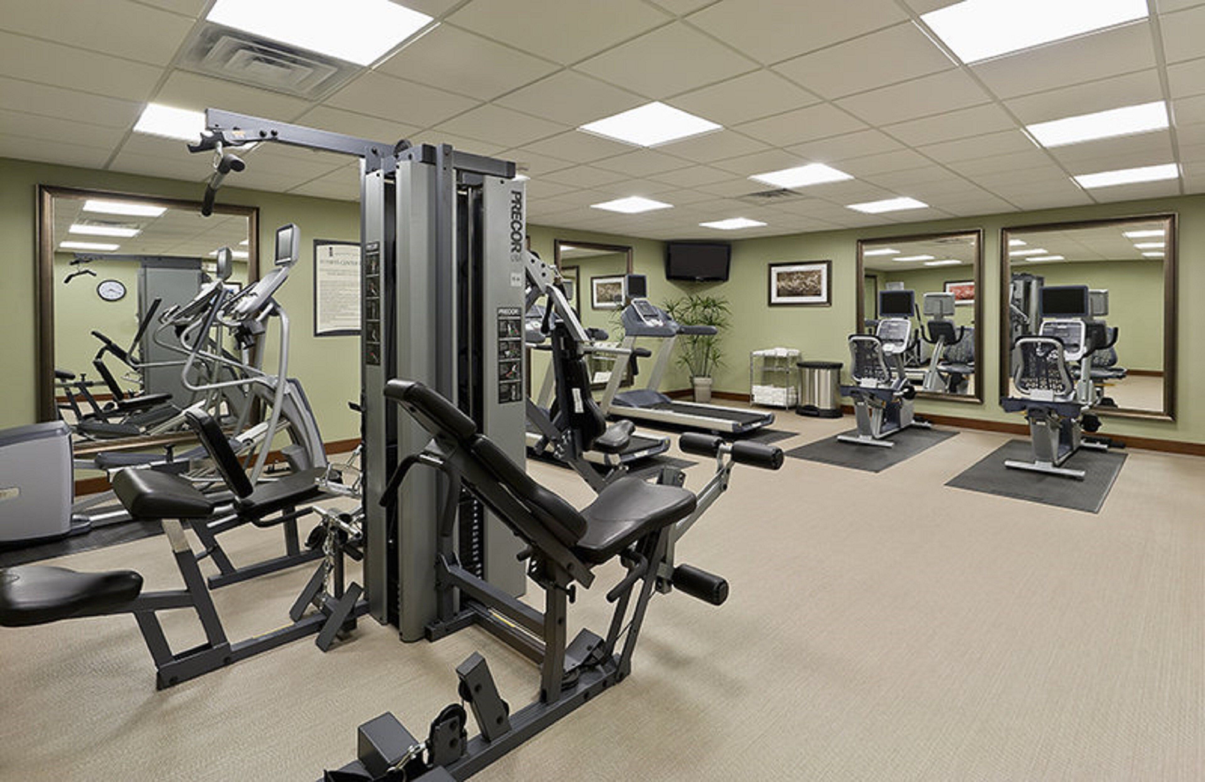 A gym with various exercise equipment, including treadmills, weight machines, and free weights.