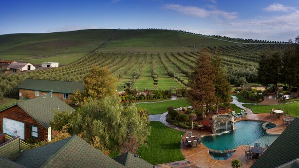 A residential area with a swimming pool, a waterfall feature, and a view of rolling hills in the background. - The Purple Orchid Wine Country Resort & Spa (Livermore)