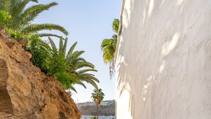 A corridor with a glass railing, a tiled floor, and a view of palm trees and a rocky cliff. - Apartamentos Cala D'Or (Mogan)