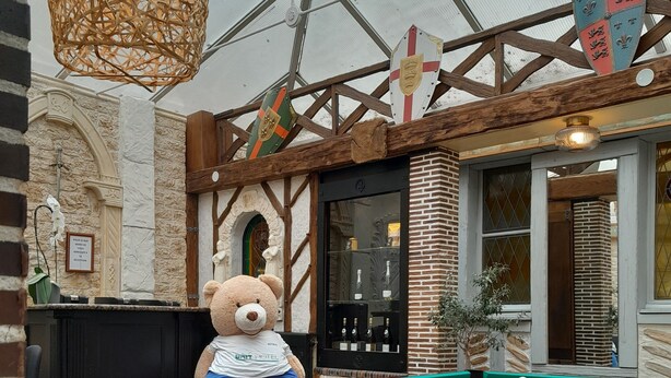 A pool table with a bear statue, a wicker light fixture, and a billiards table in a room with brick walls and a glass ceiling. - Brit Hotel Les Comtes de Champagne Centre Historique (Troyes)