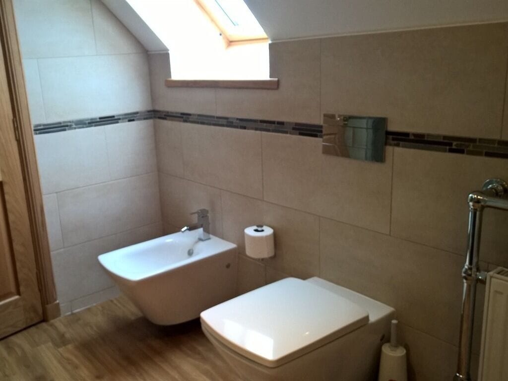 A bathroom with a skylight, a bidet, a toilet, and a sink.