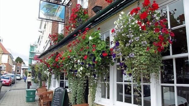 Un pub con macetas colgantes de flores, mesas en la terraza y un letrero.