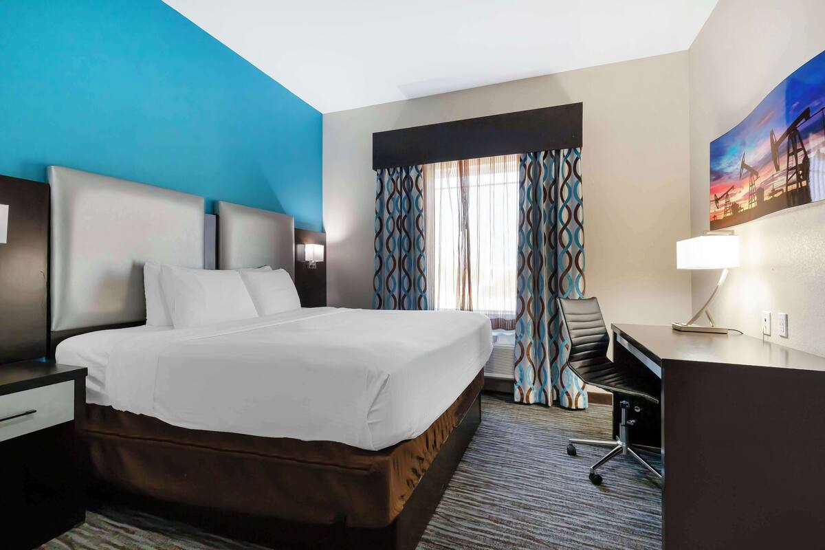 A hotel room with a large bed, a desk, and a chair.
