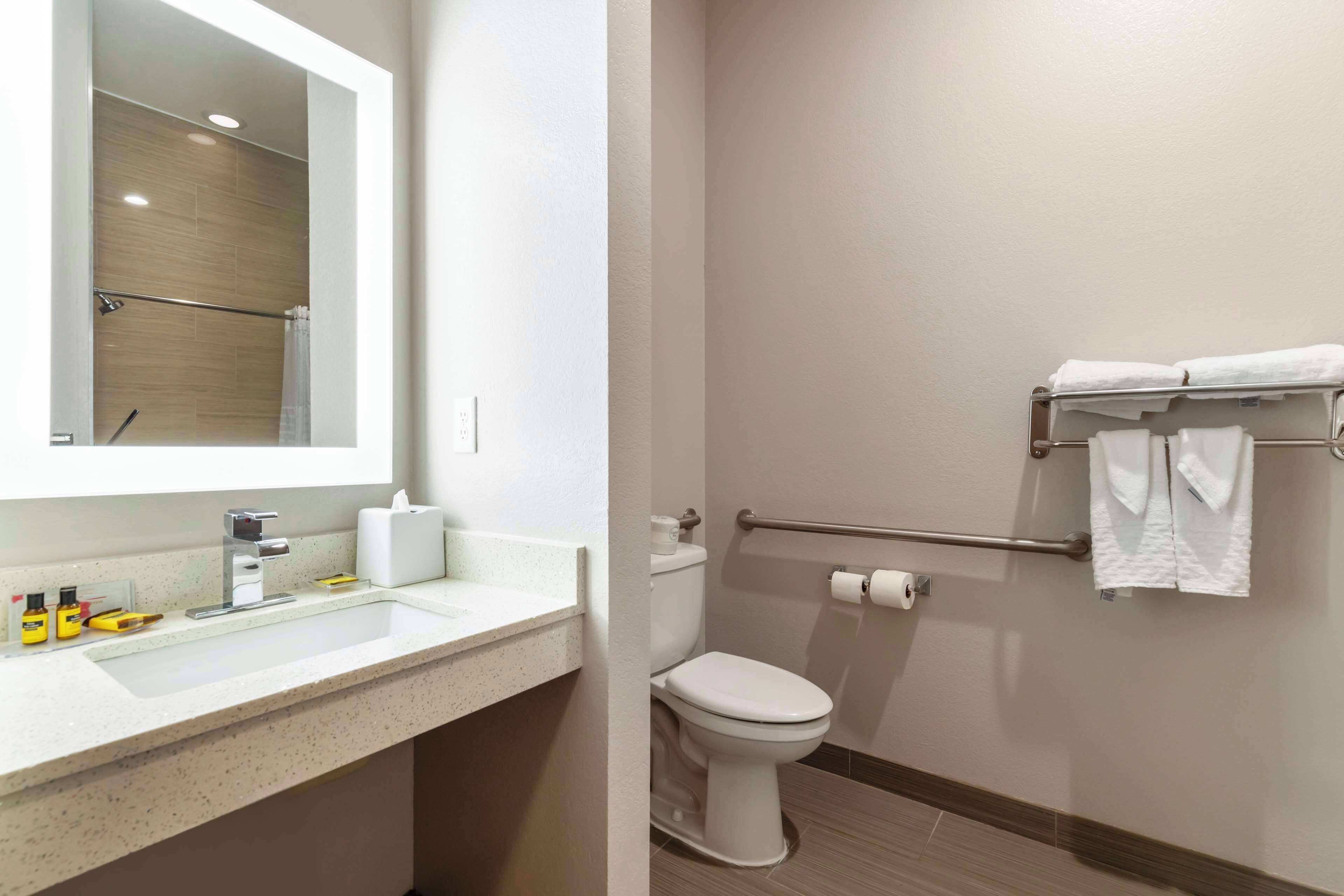 standard room, 1 king bed, accessible, non smoking | bathroom | hair dryer, towels