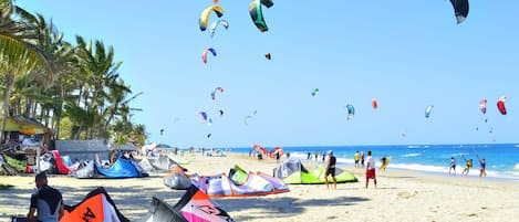 Una playa con numerosas cometas de colores y tiendas de campaña.