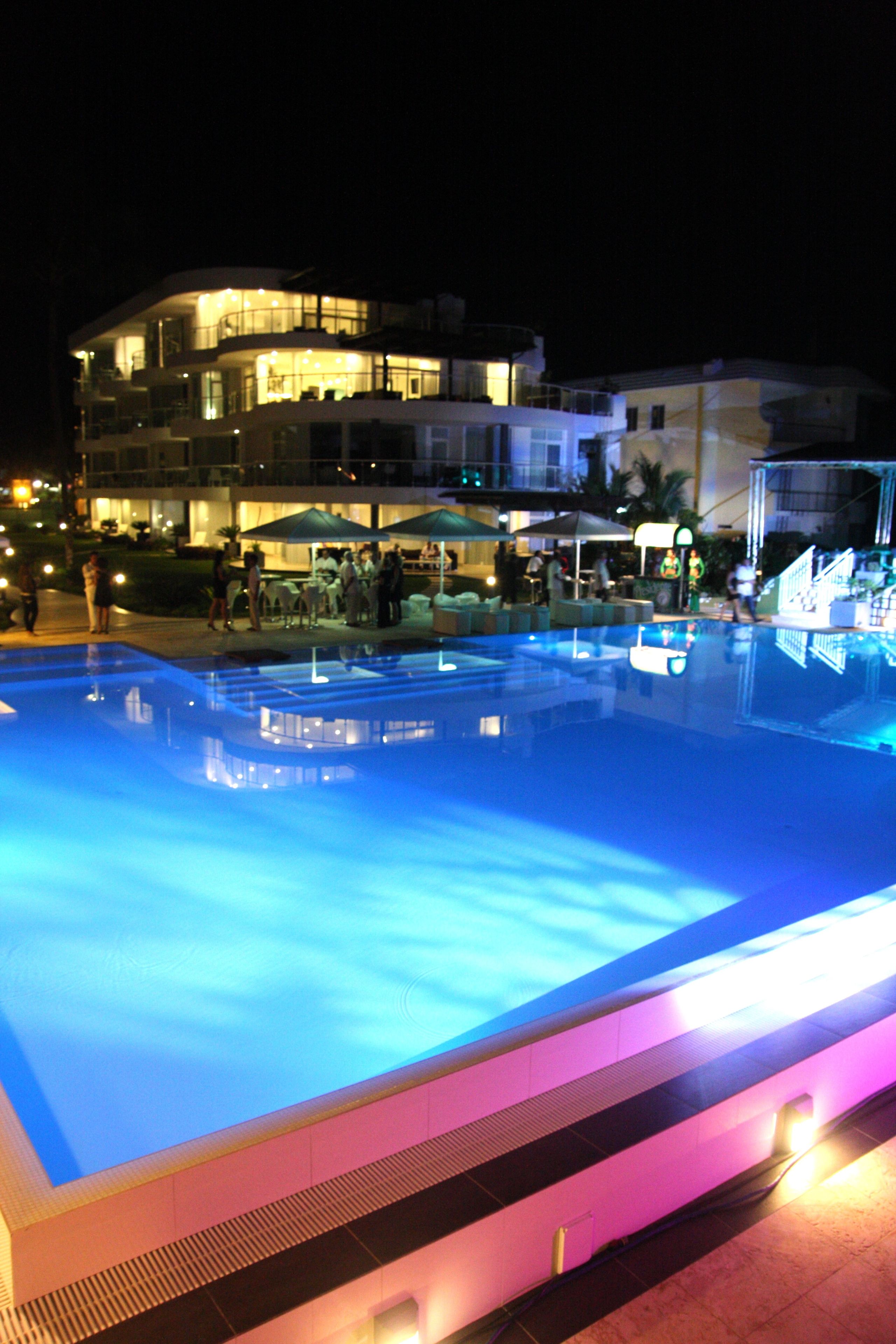 outdoor pool, pool umbrellas, pool loungers