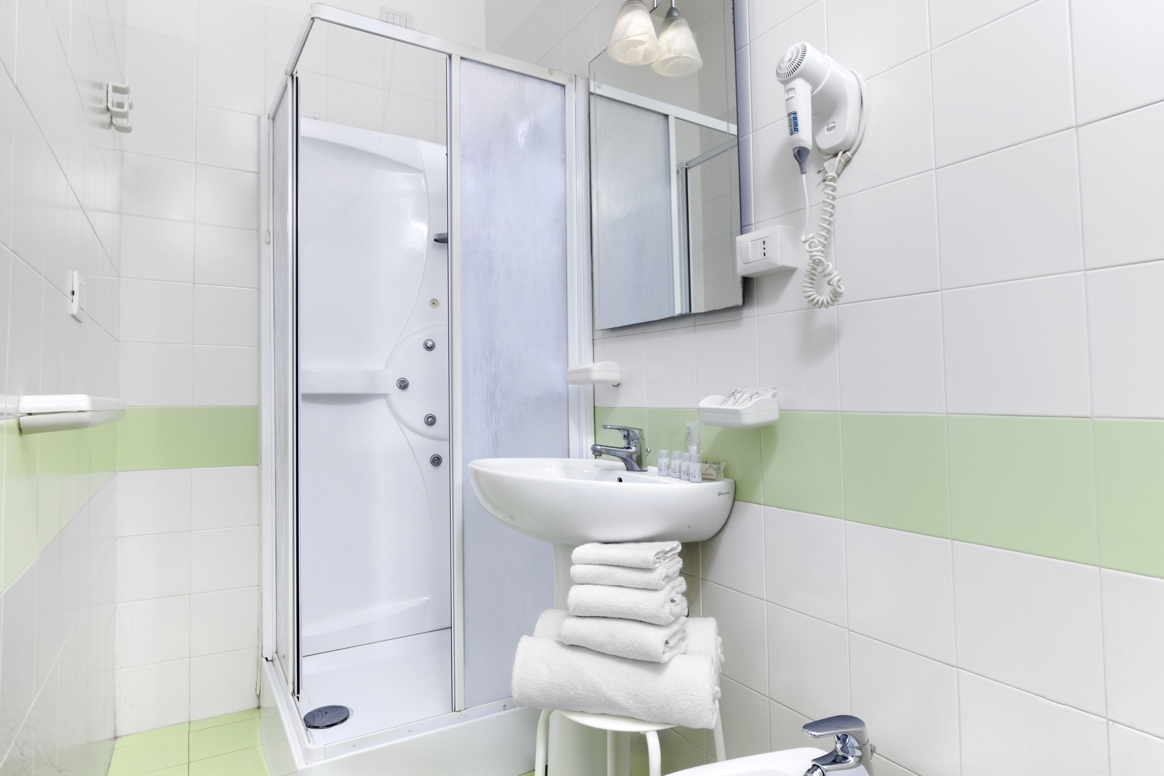 free toiletries, hair dryer, bidet, towels