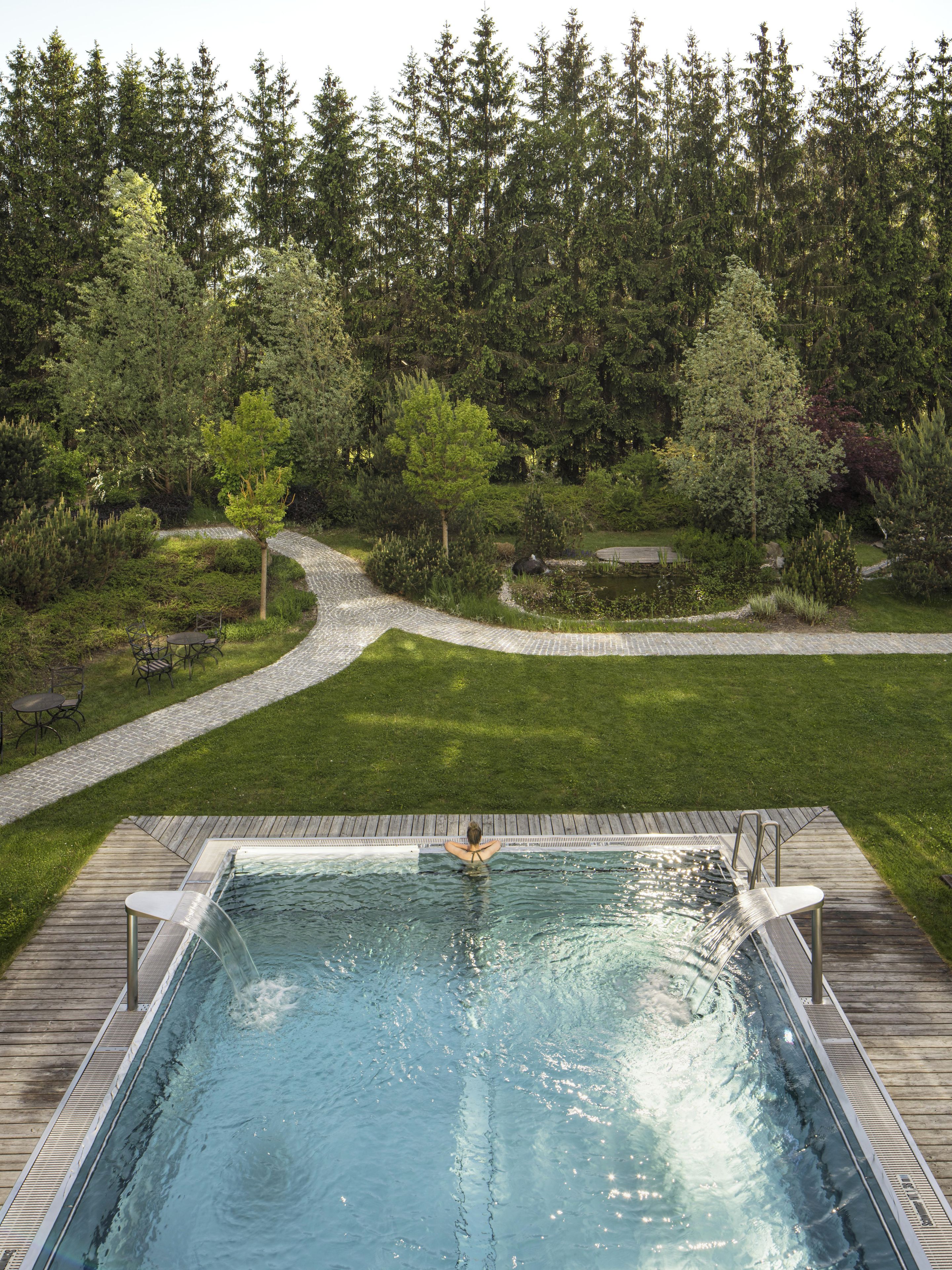 A swimming pool with a wooden deck, surrounded by a landscaped garden with a variety of trees and shrubs.