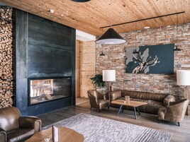 Una sala de estar moderna con pared de piedra, muebles de cuero y chimenea.