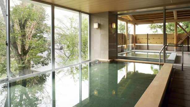 A modern indoor pool with large windows, a wooden deck, and a stone wall. - Mars Garden Wood Gotemba (Gotemba)