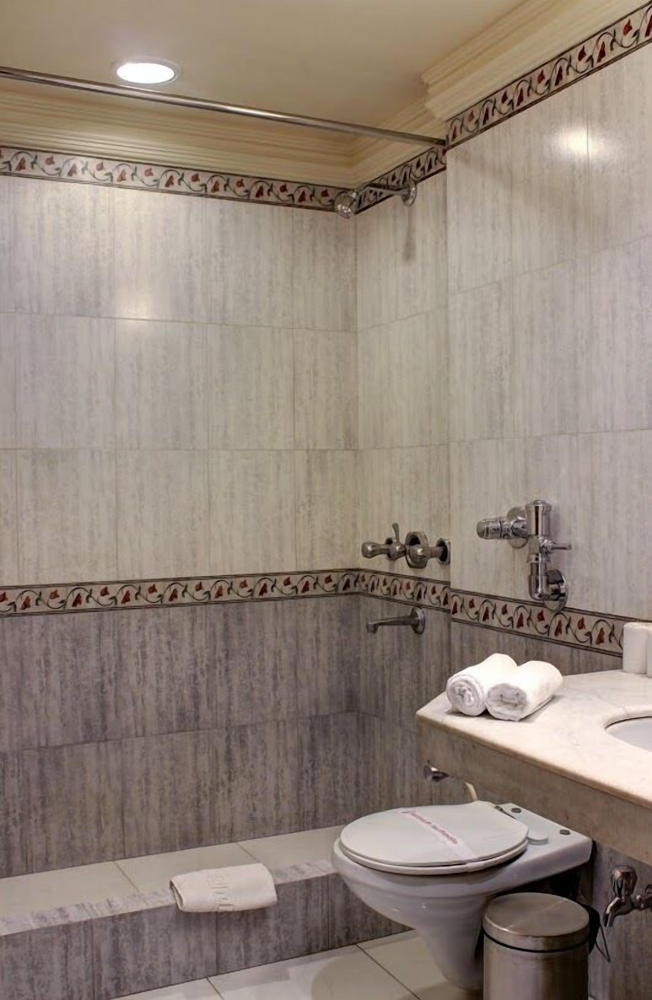 Un baño con inodoro, lavamanos y ducha.