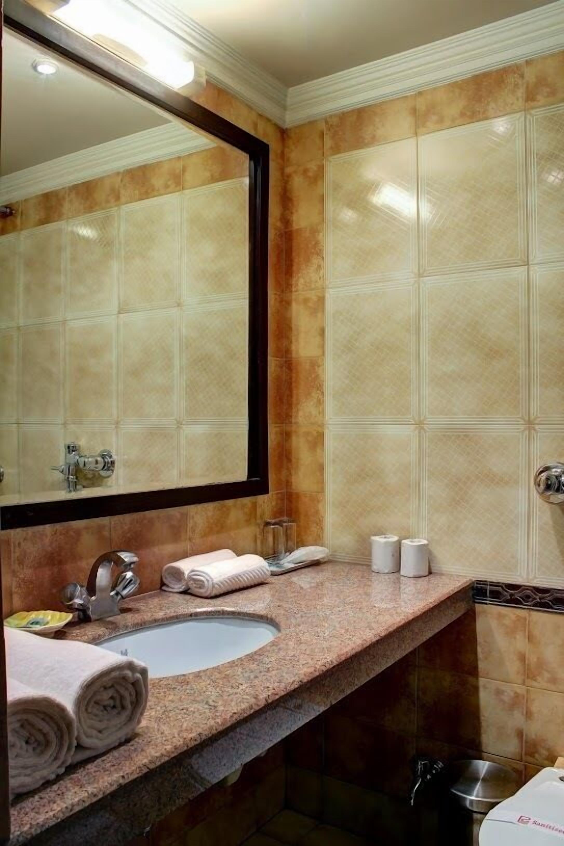 Un bany amb taulell de granat, un lavabo, un mirall i una barra de tovalloles.