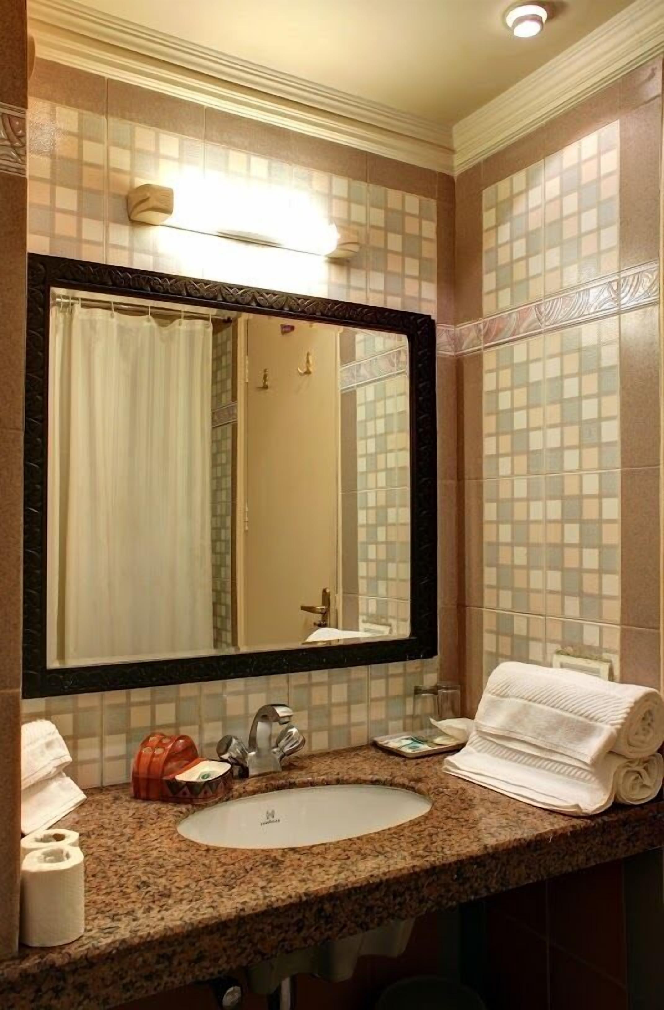 Une salle de bain avec un grand miroir, un lavabo et un porte-serviettes.