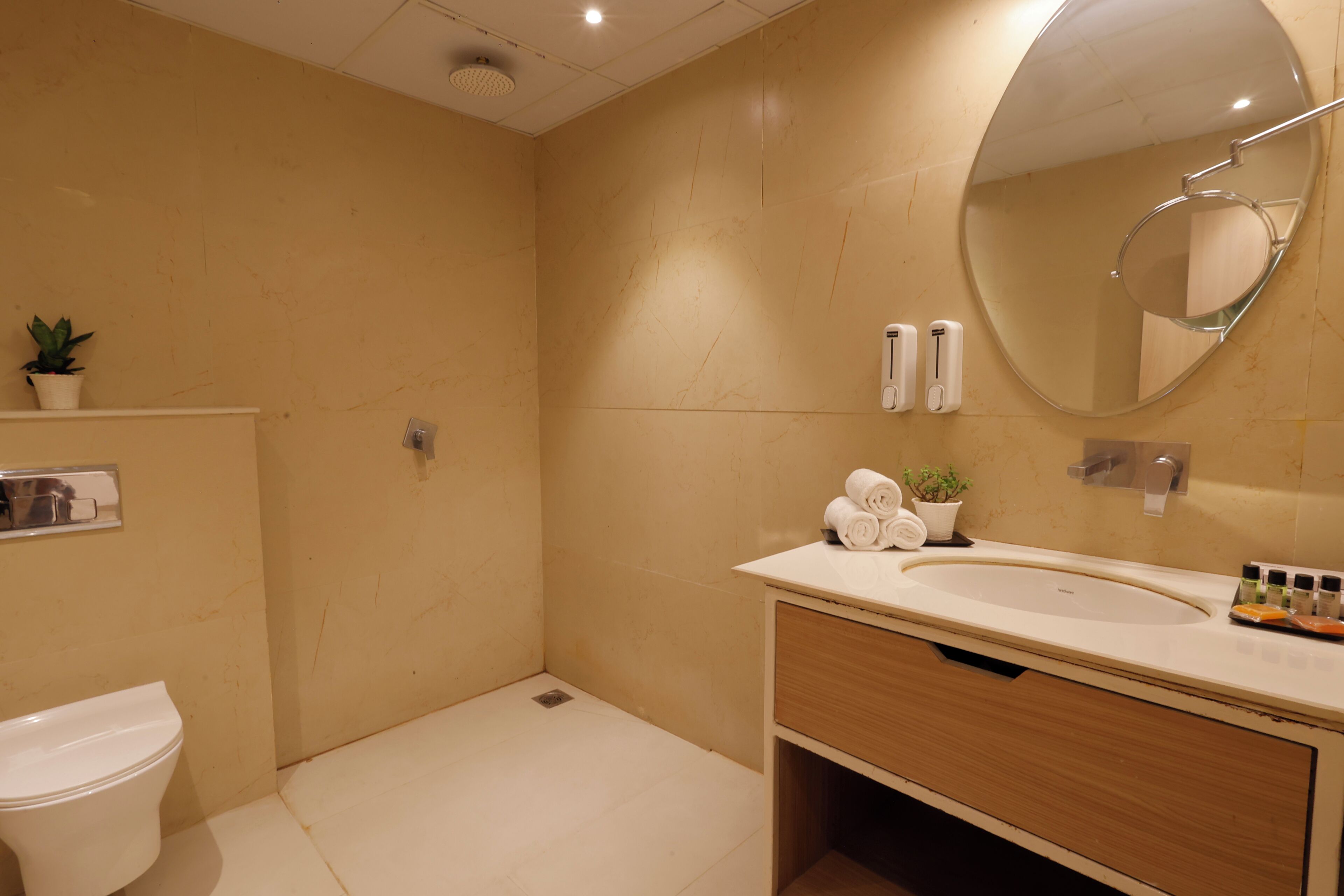 A modern bathroom with a toilet, sink, mirror, and a small potted plant.