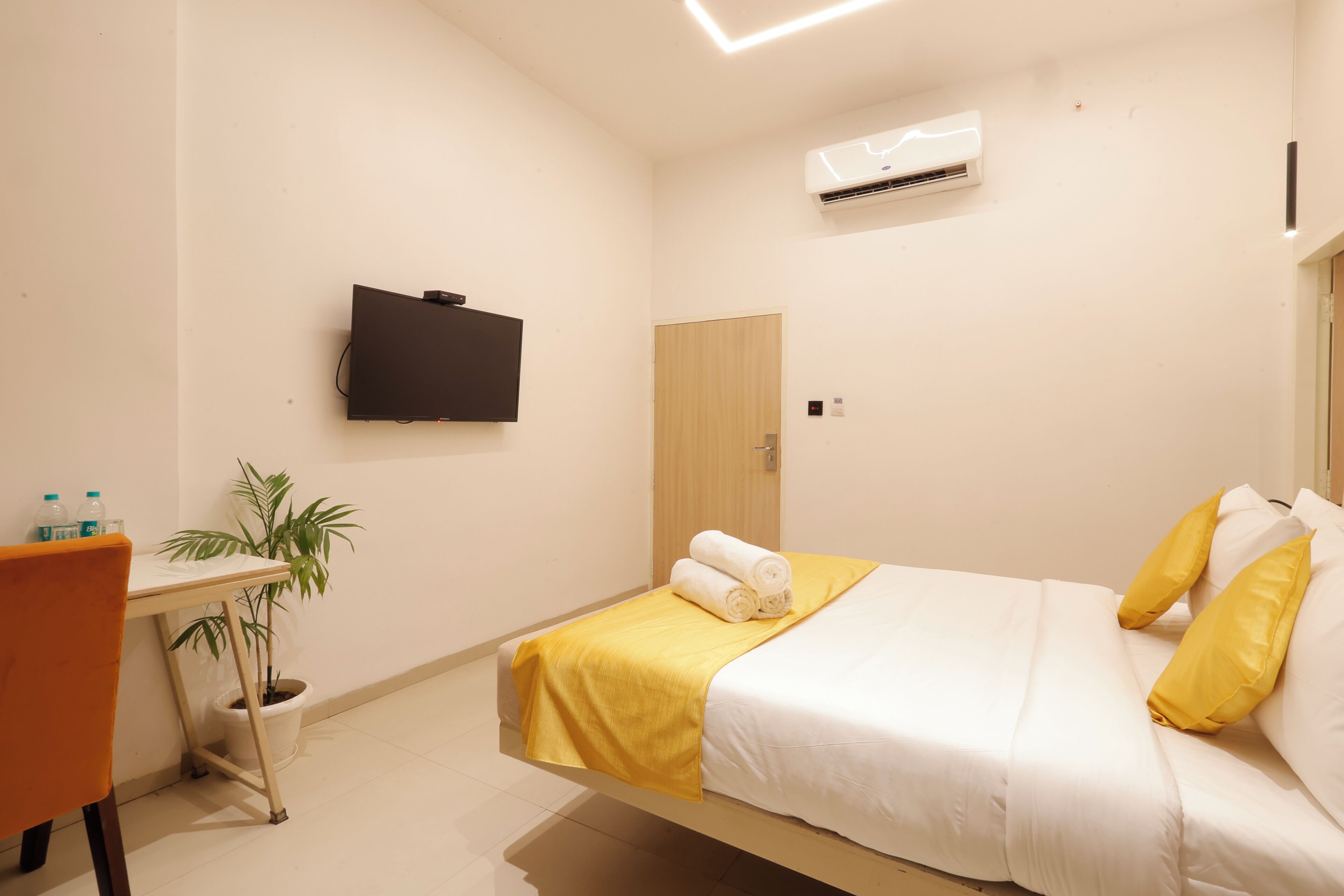 A hotel room with a bed, a desk, a potted plant, and a flat-screen TV.