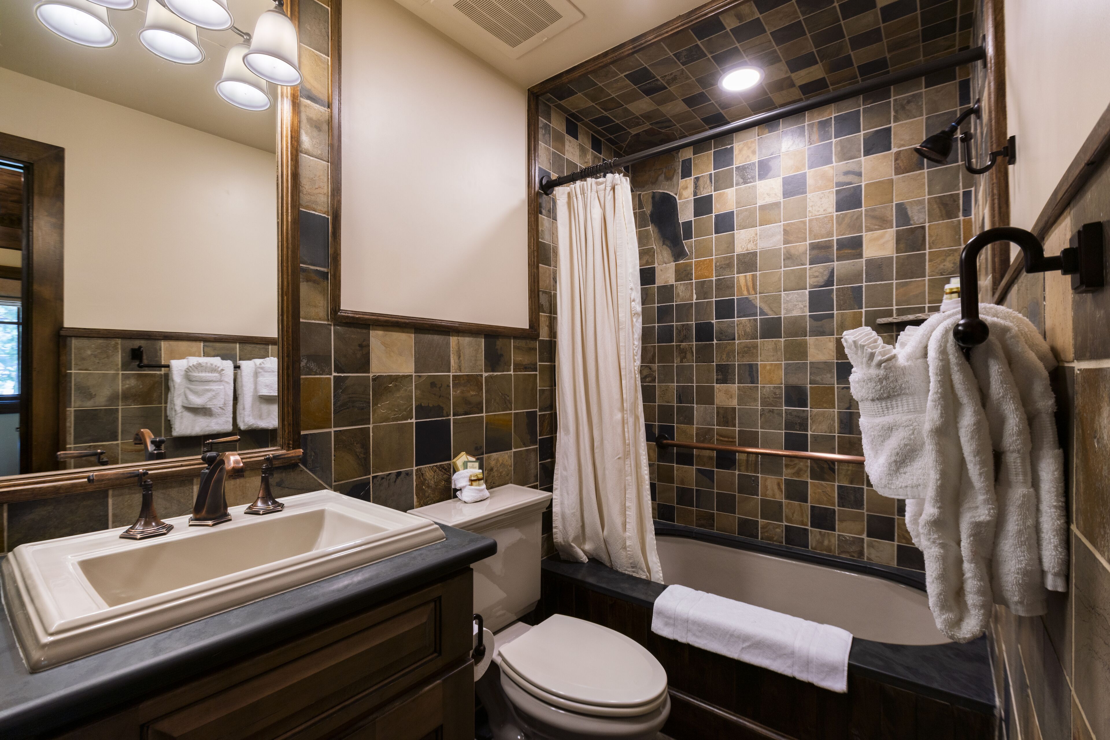 luxury suite, 1 king bed with sofa bed, lake view | bathroom | combined shower/bathtub, free toiletries, hair dryer, towels