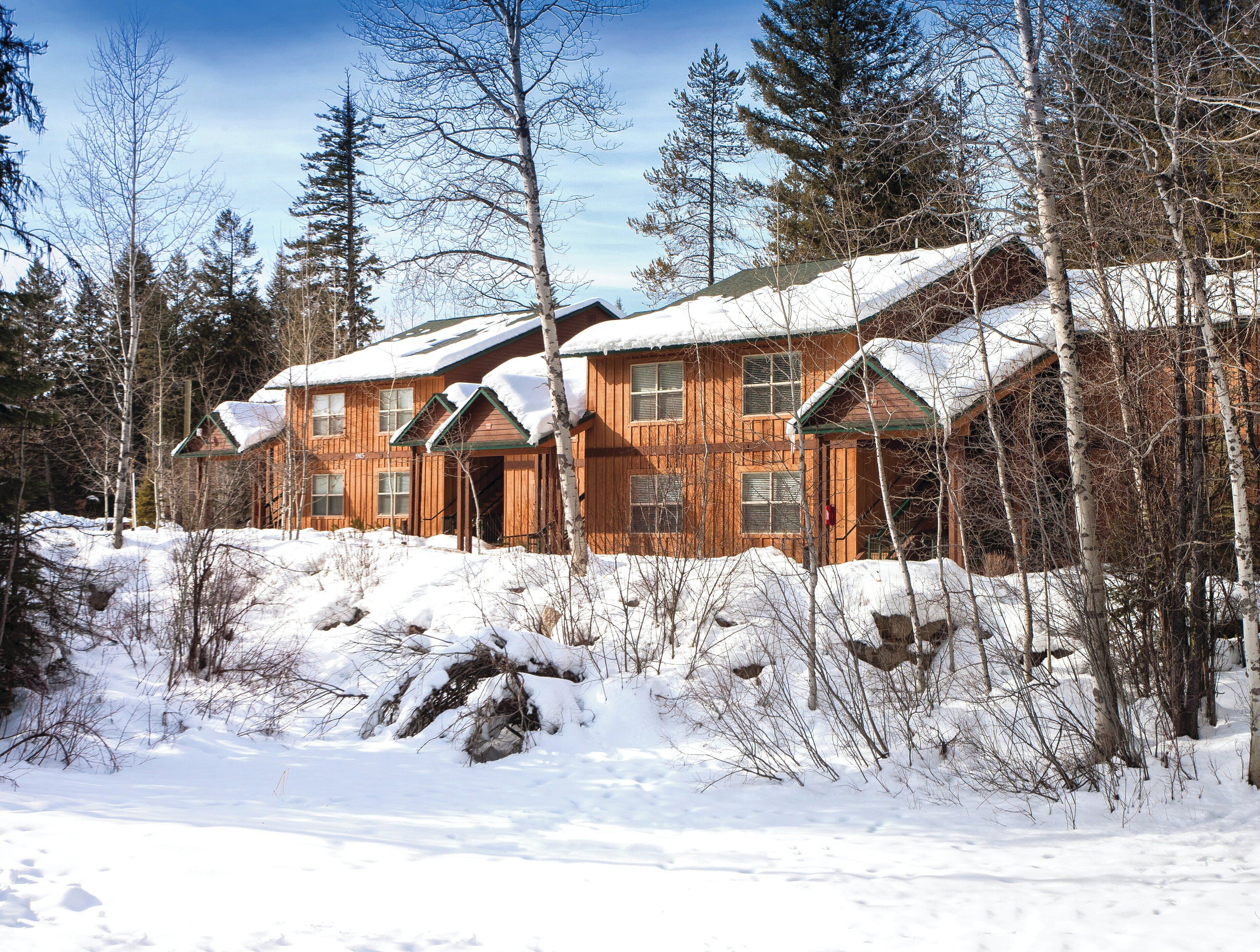 A wooden cabin complex surrounded by snow-covered trees.