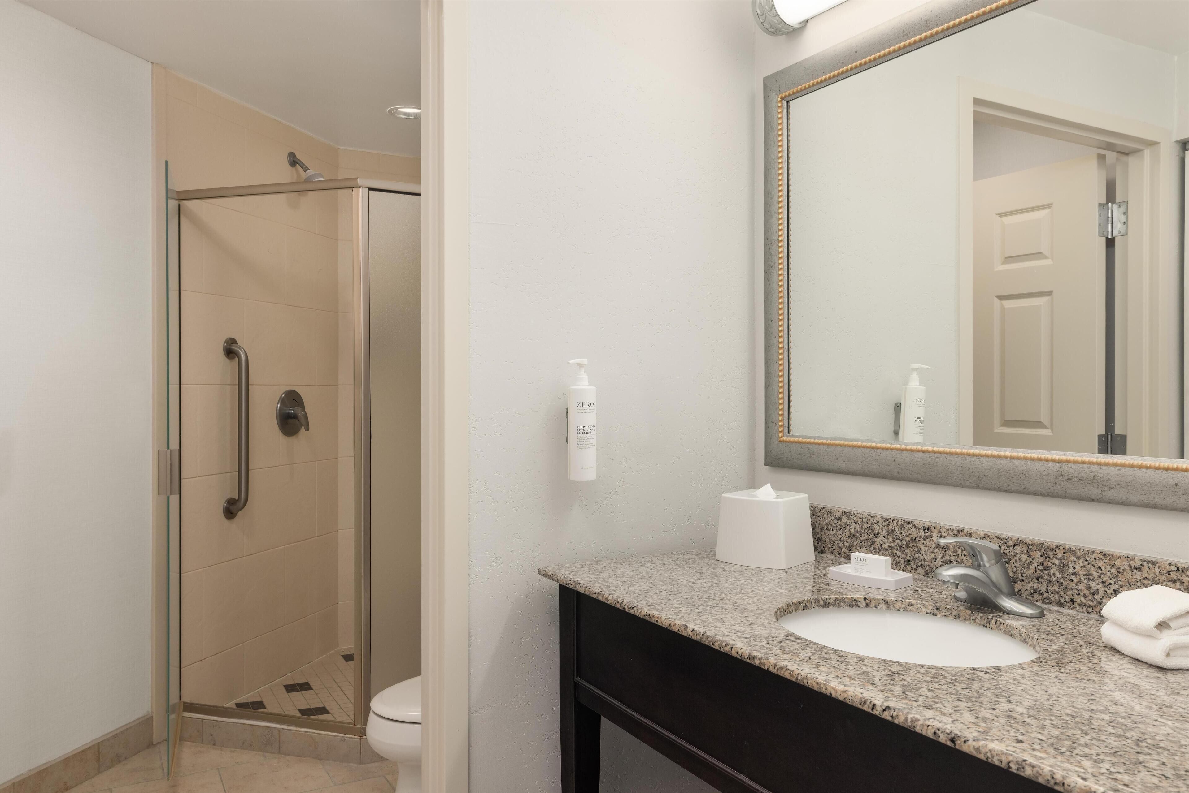 A bathroom with a glass shower enclosure, a sink with a granite countertop, and a large mirror.