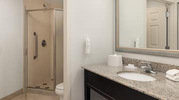 A bathroom with a glass shower enclosure, a sink with a granite countertop, and a large mirror.