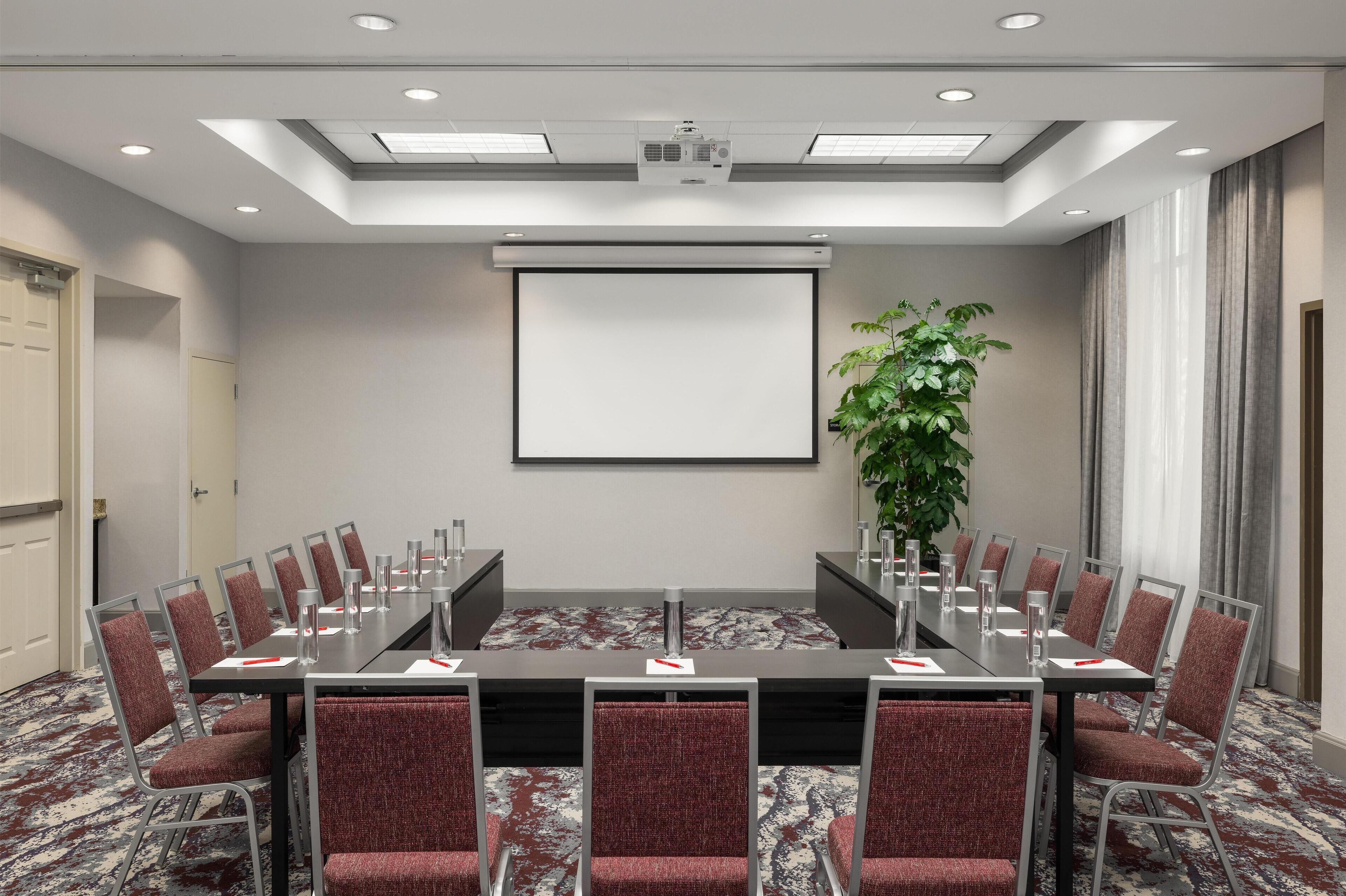 A conference room with a long table, red chairs, a projector screen, and a large plant.