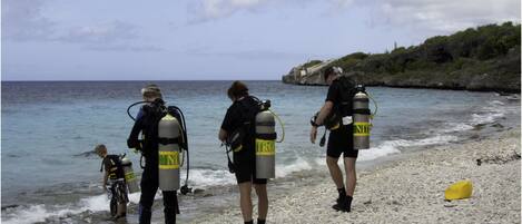 A group of scuba divers on a pebbly beach with clear blue water and a rocky outcrop in the background.