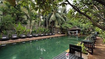 Outdoor pool, open 9:00 AM to 9:00 PM, pool umbrellas, sun loungers