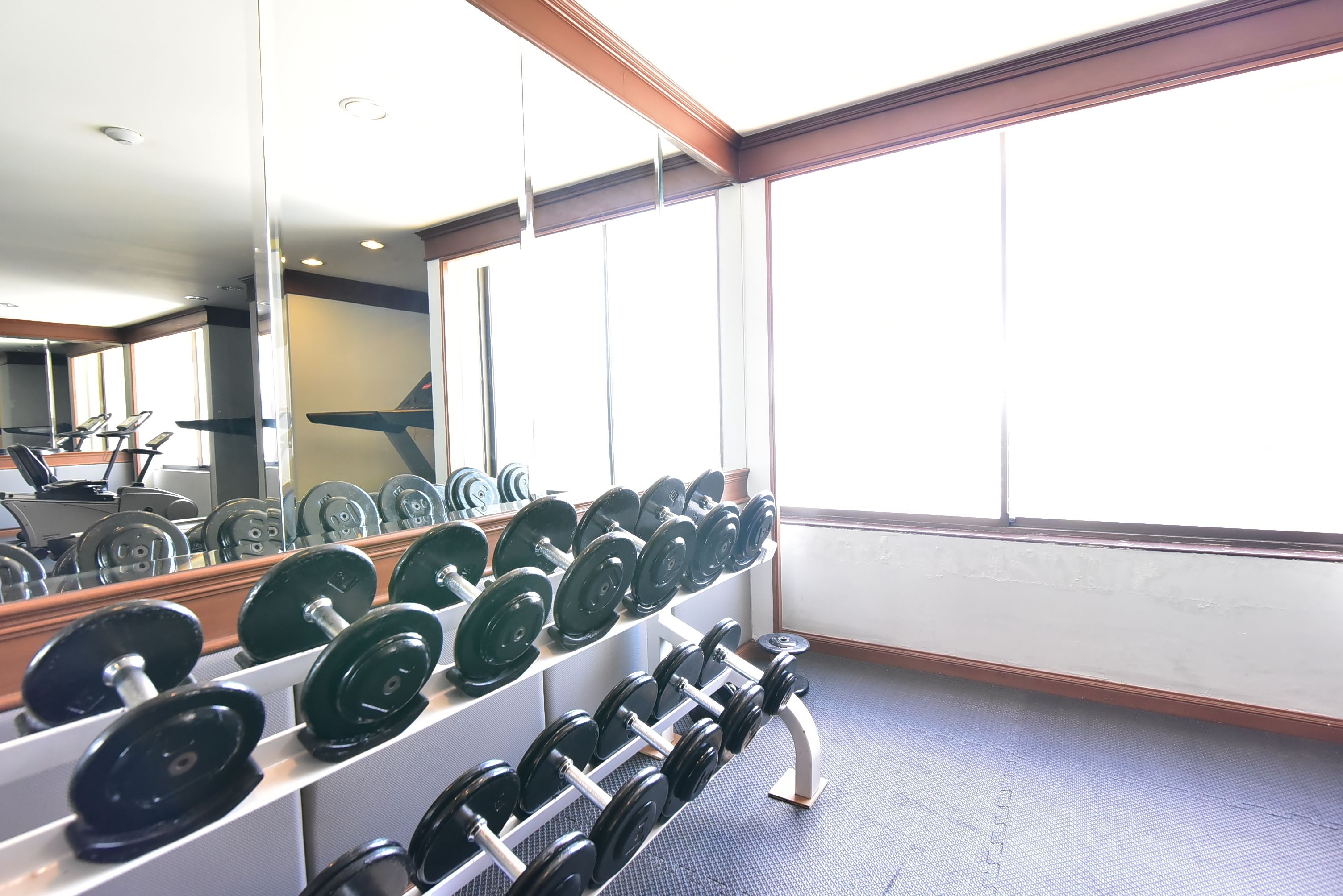 Ein Fitnessraum mit Gewichtsständern und Trainingsgeräten.