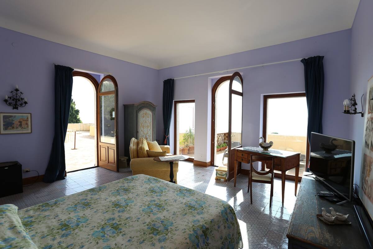A hotel room with a large bed, a desk, a television, and a balcony with potted plants.