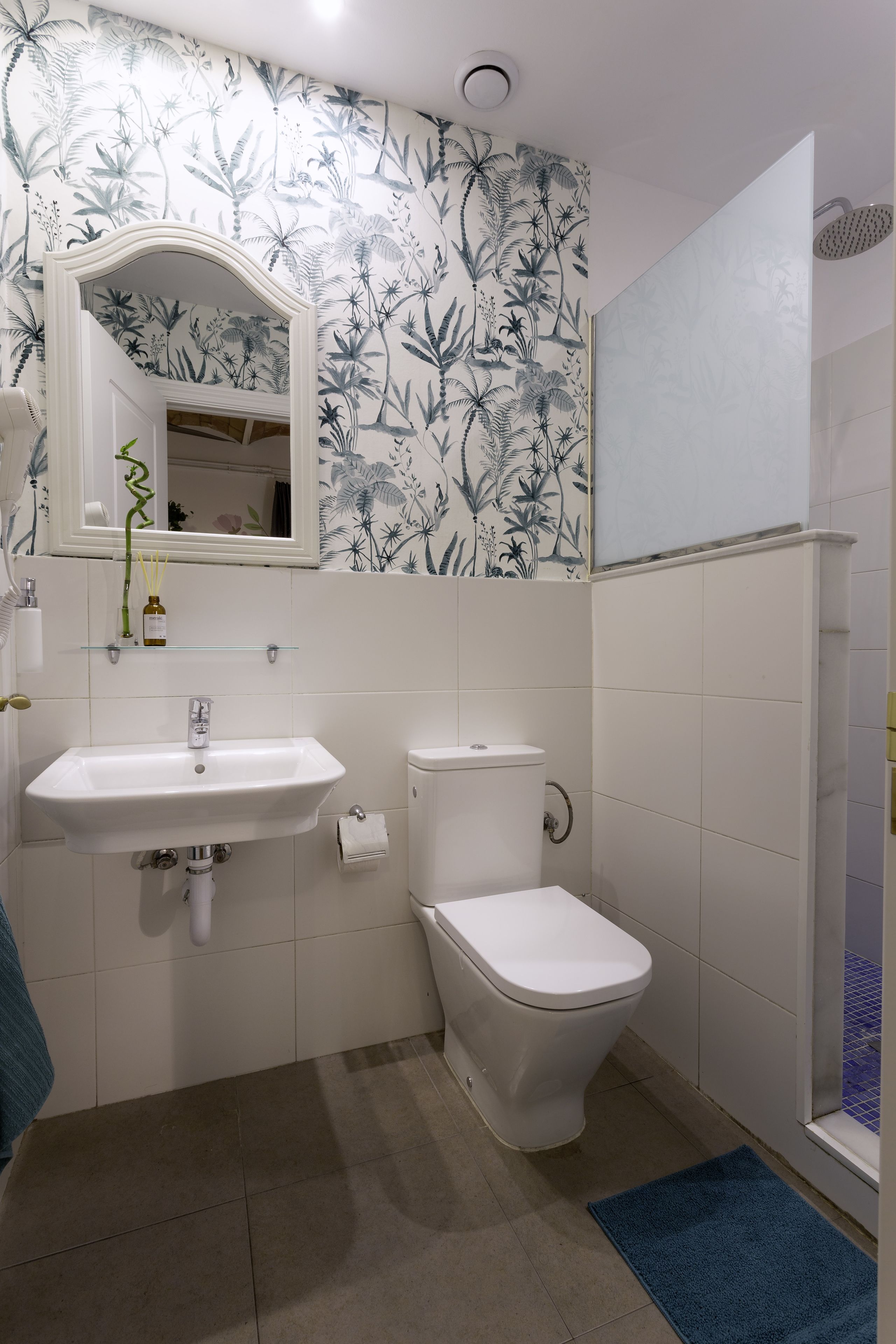Een badkamer met een witte wastafel, toilet en douche. Boven de wastafel hangt een spiegel en er is een plankje met een fles en een plantje.