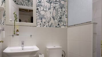 Een badkamer met een witte wastafel, toilet en douche. Boven de wastafel hangt een spiegel en er is een plankje met een fles en een plantje.