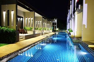 Outdoor pool, pool umbrellas, pool loungers