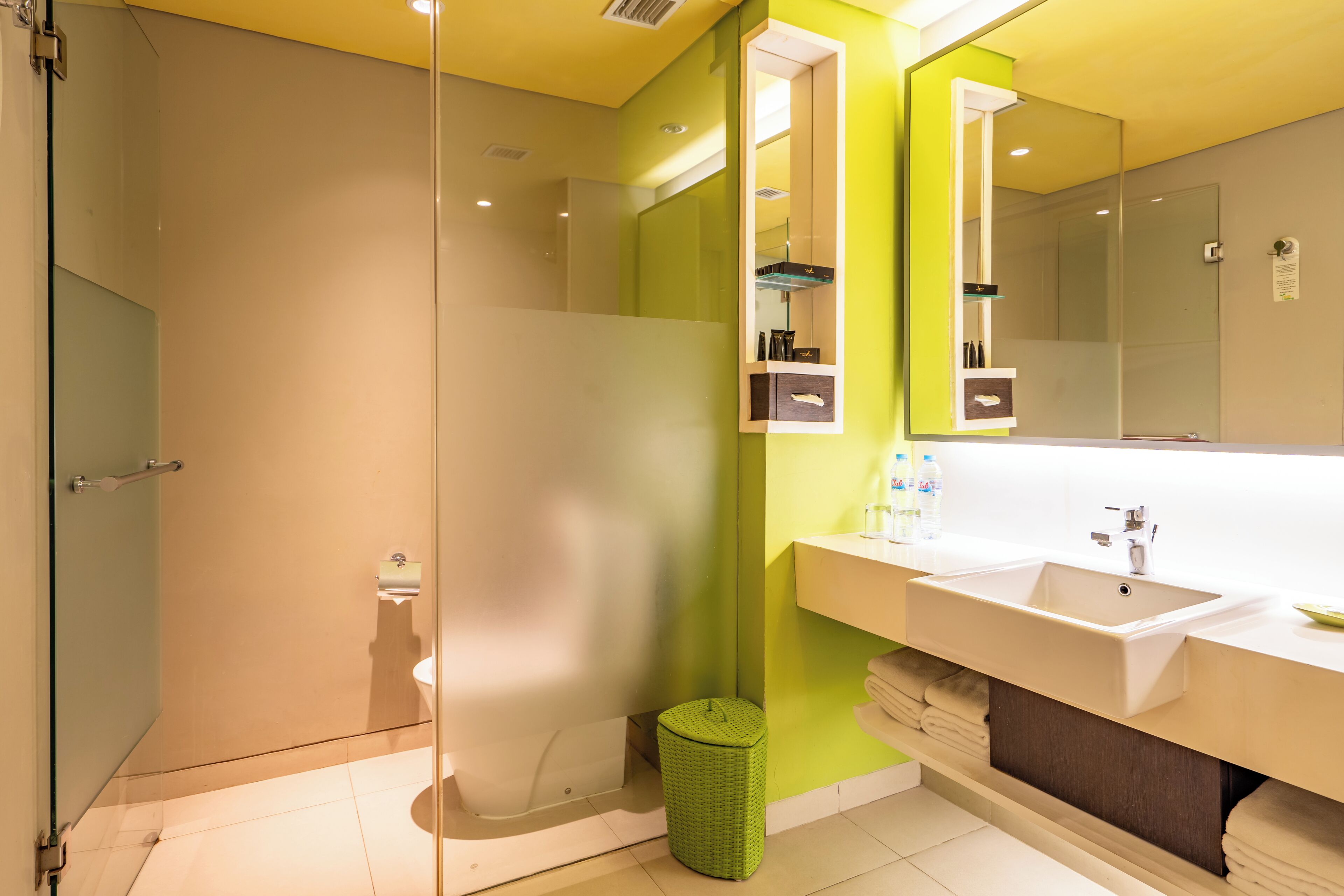 family room | bathroom | shower, hair dryer, slippers, bidet