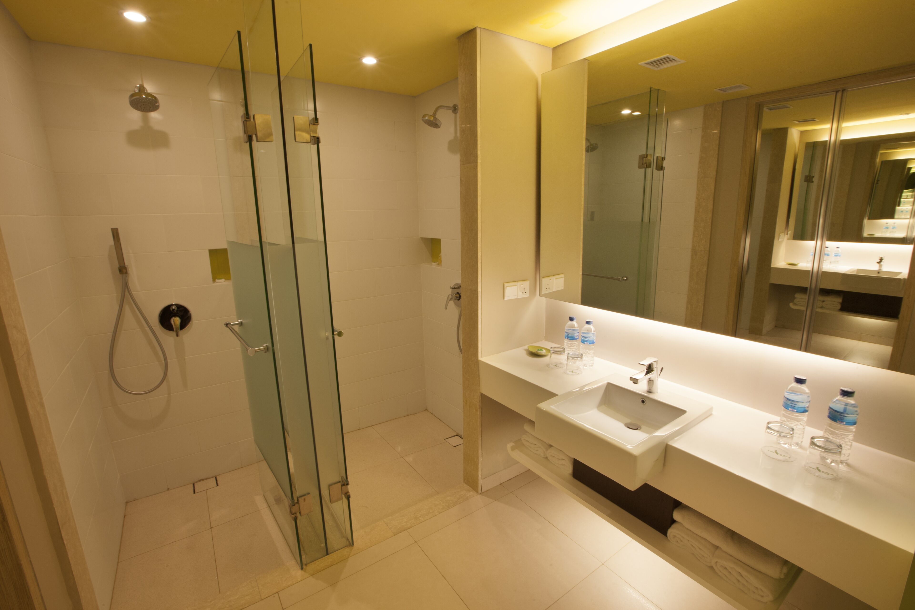 Une salle de bain moderne avec une douche à l’italienne, un lavabo blanc et un grand miroir.