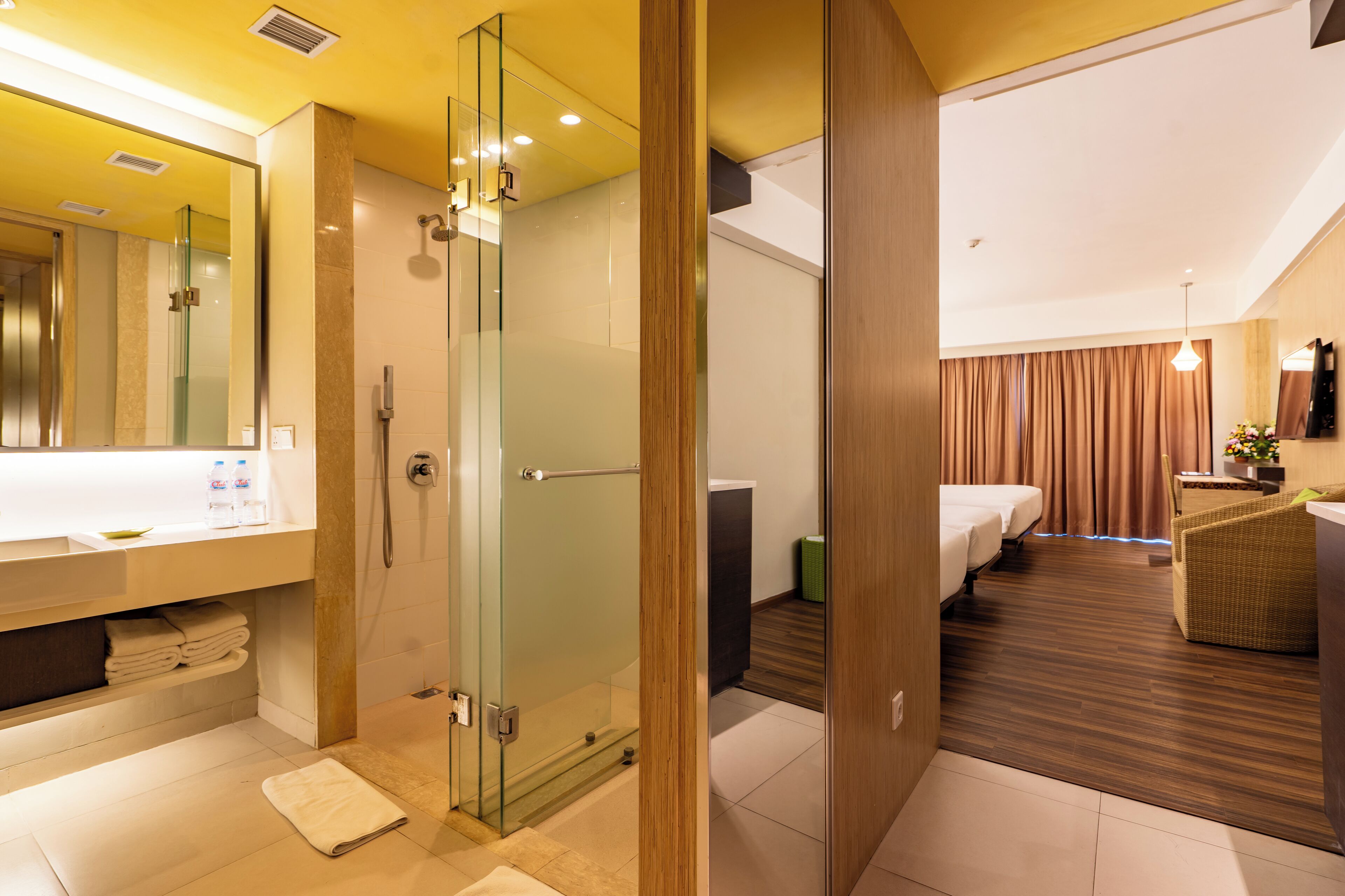 family room | bathroom | shower, hair dryer, slippers, bidet