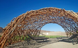 Piscine extérieure, chaises longues