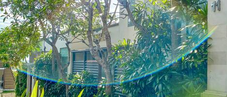 A garden area with a hammock, lush greenery, and a building with a number '11' sign.