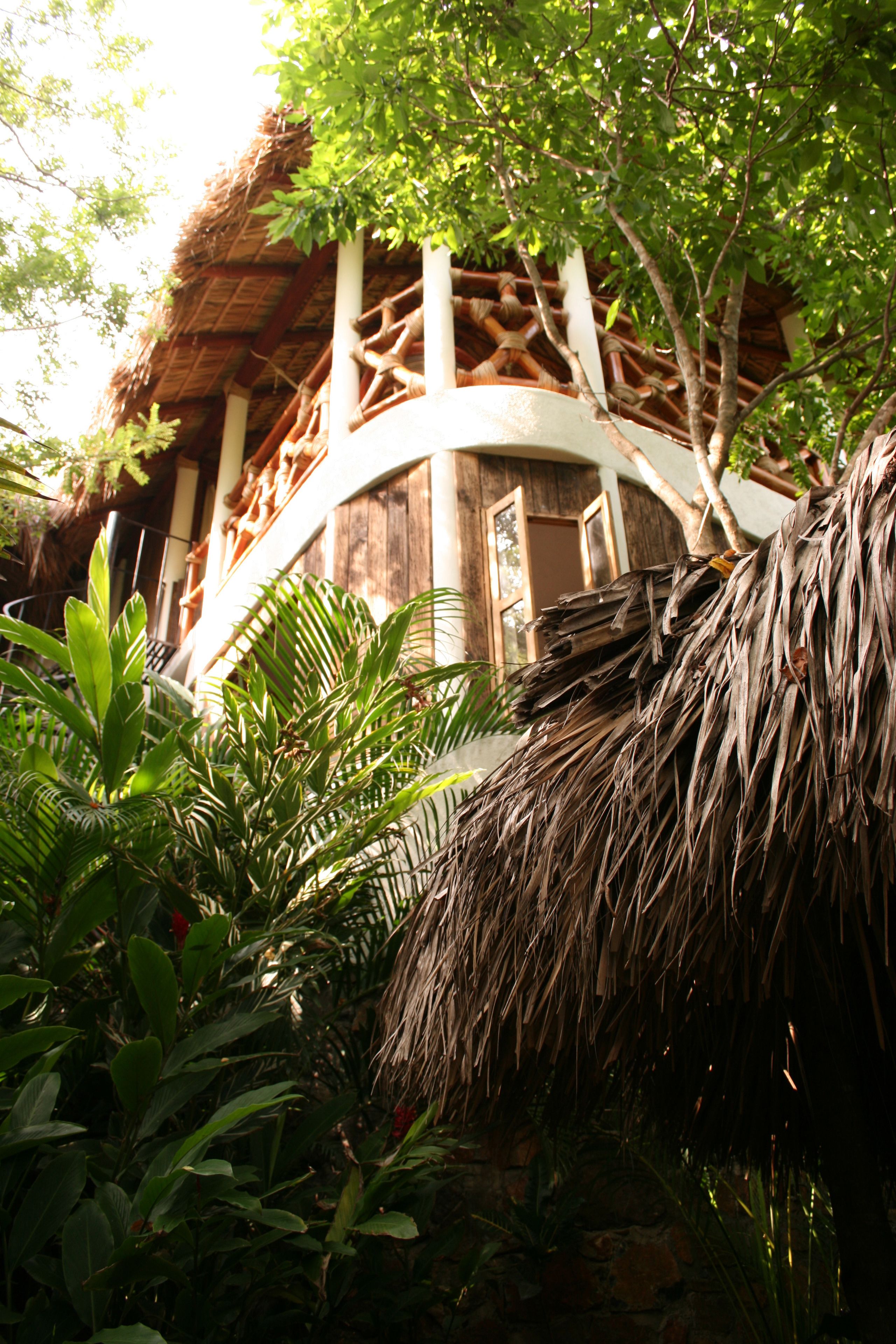 A rustic building with a thatched roof and wooden beams, surrounded by lush greenery.