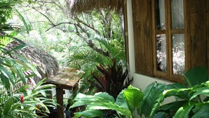 Una cabaña con techo de paja y una ventana, rodeada de exuberante follaje y plantas en macetas.
