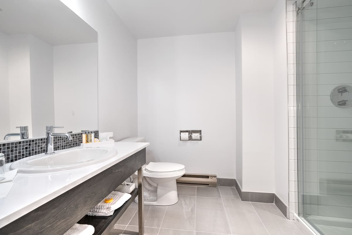 suite, 1 king bed, non smoking | bathroom | hair dryer, bathrobes, towels, soap