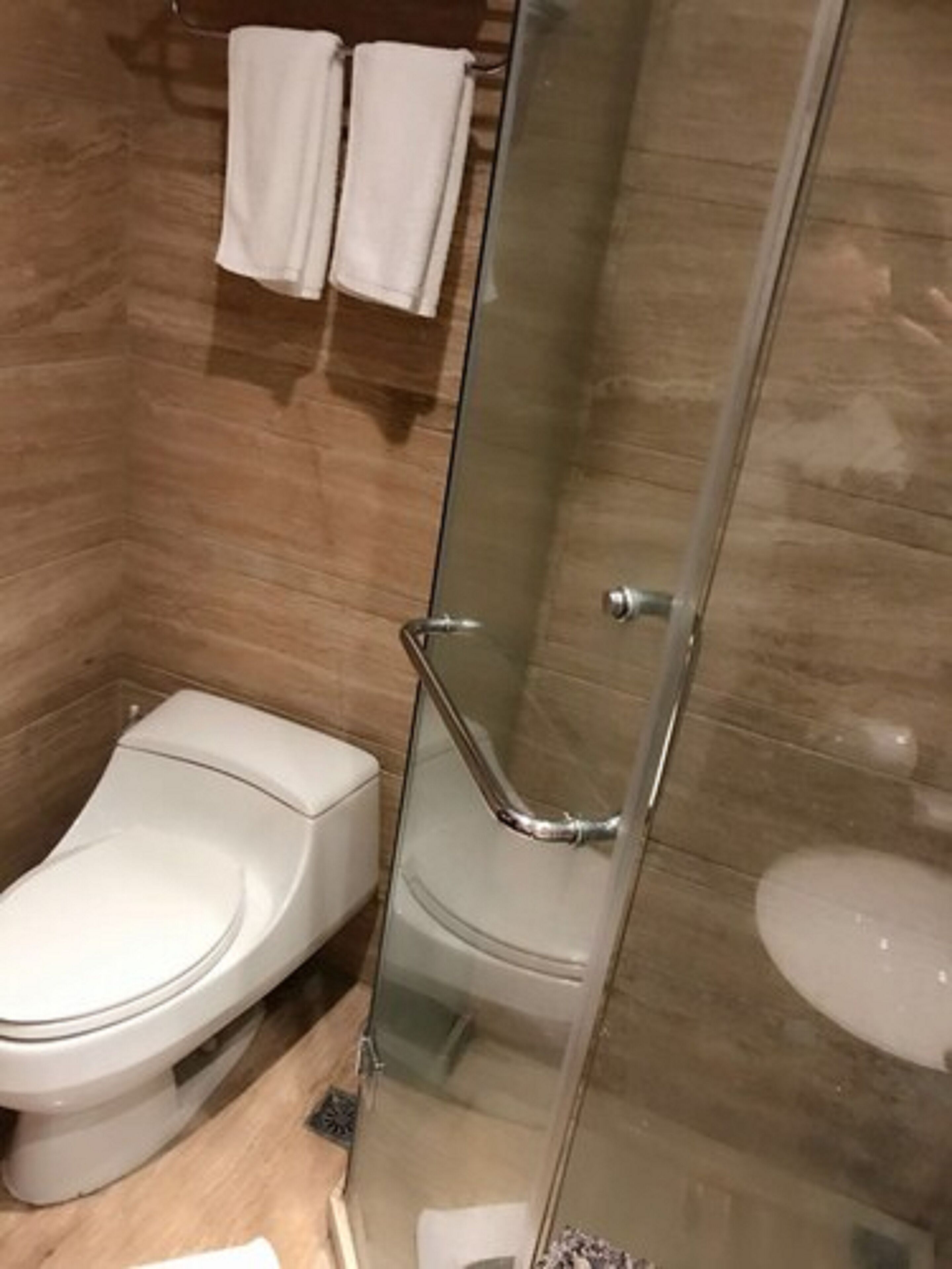 A bathroom with a glass shower enclosure, a toilet, and a sink.