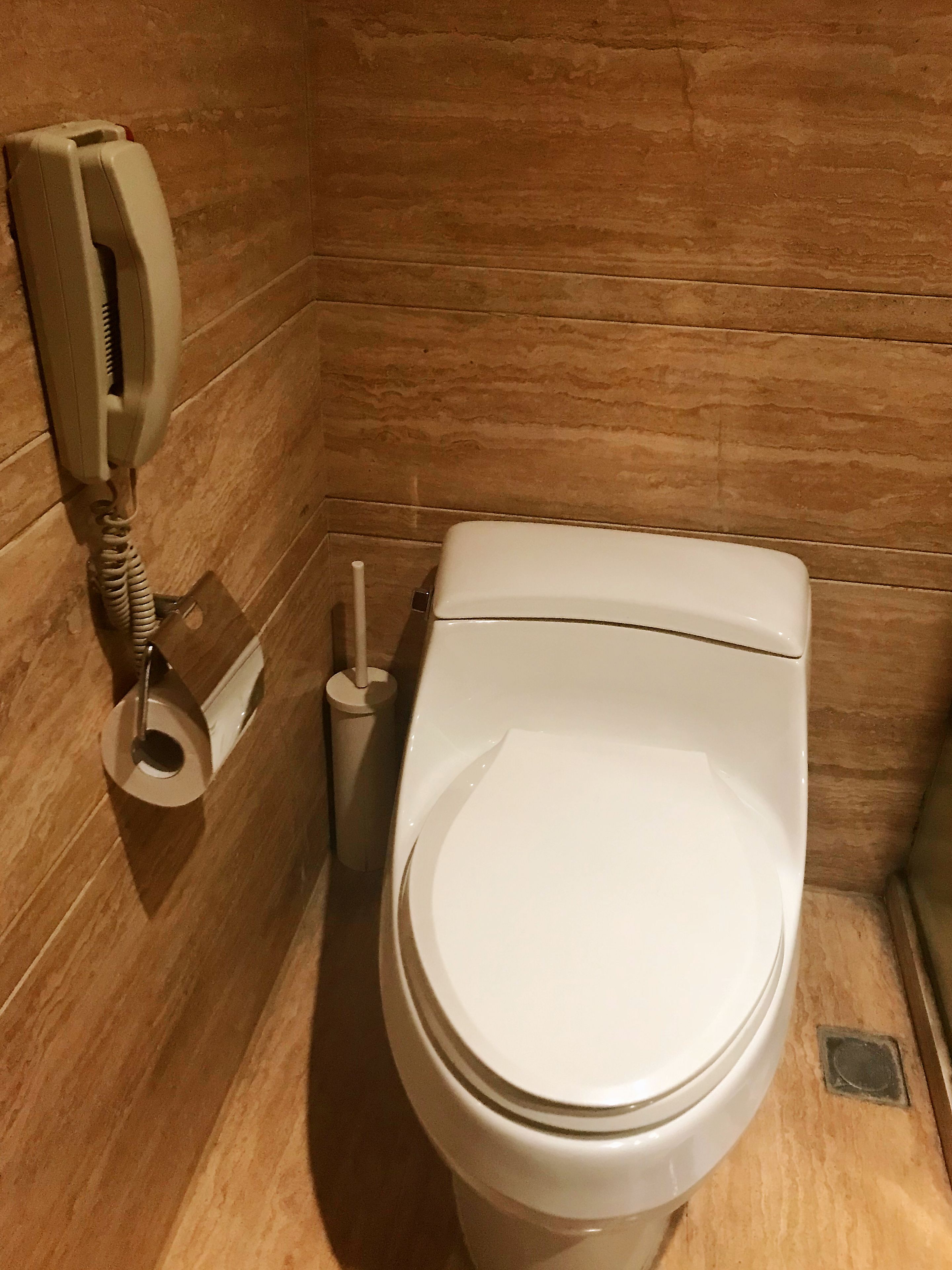 A toilet with a toilet paper holder and a telephone mounted on the wall.